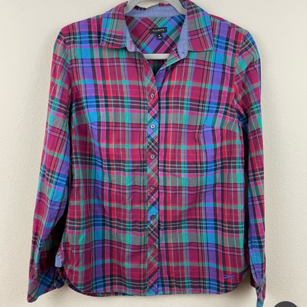 TALBOTS Purple Blue Plaid Button Down Shirt Rolled Sleeve Women’s M